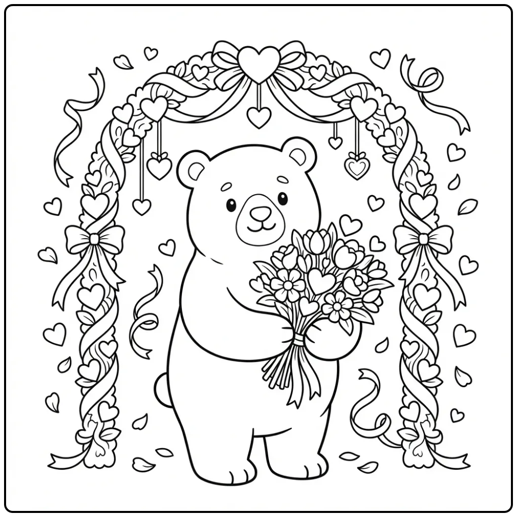 Lieve kleurplaat valentijn beer met bloemen en hartjes.