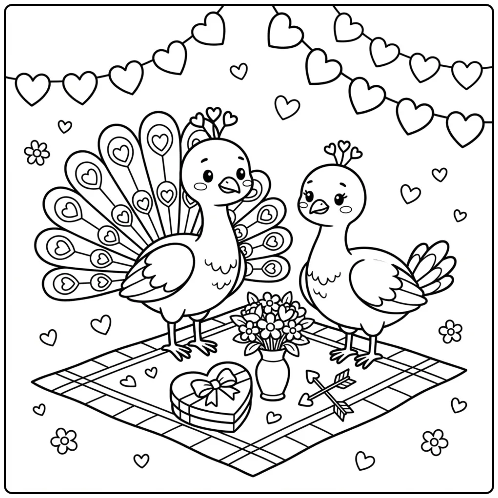 Kleurplaat van een schattige Pauw Valentijnsdag picknick.