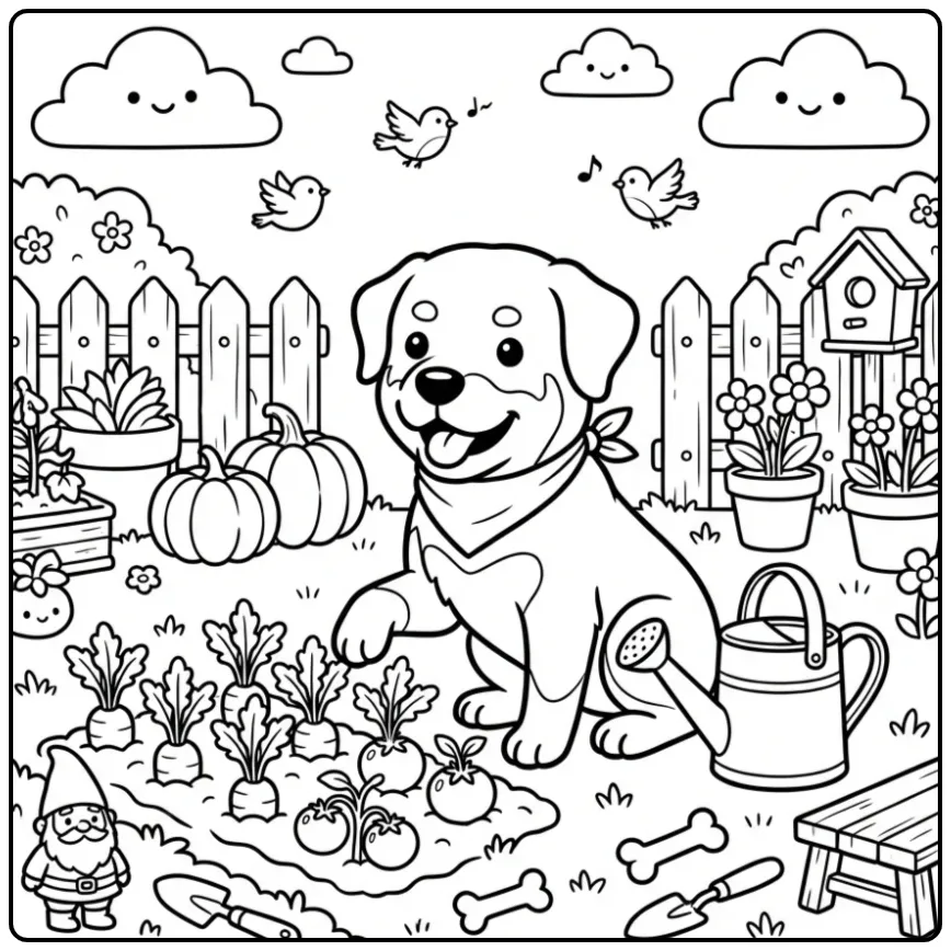 Schattige rottweiler kleurplaat met puppy in de tuin.