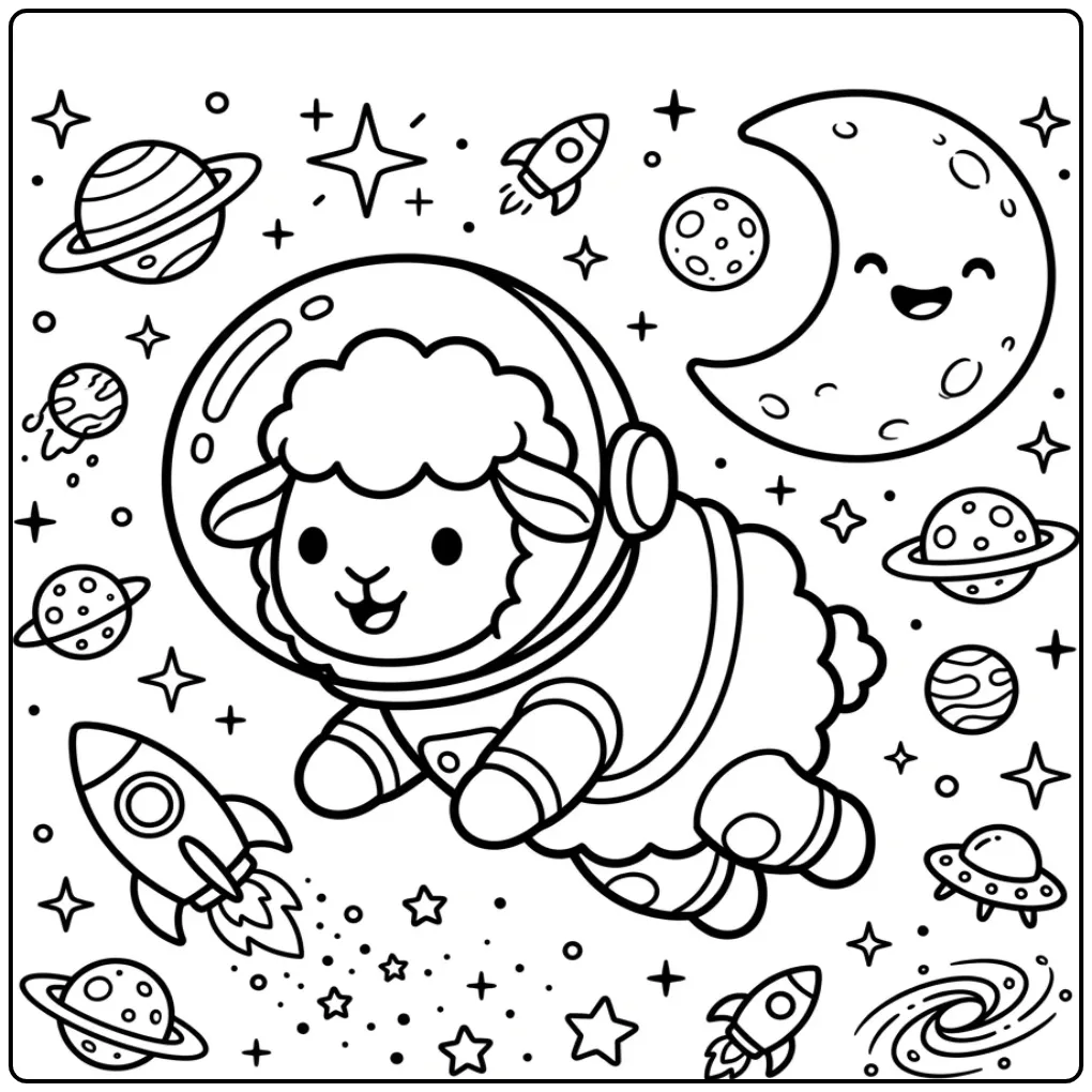 Schattige astronaut kleurplaat schaap zwevend in de ruimte