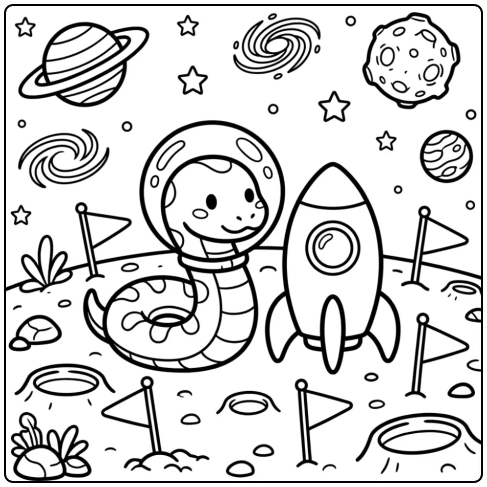 Schattige astronaut kleurplaat slang op de maan.