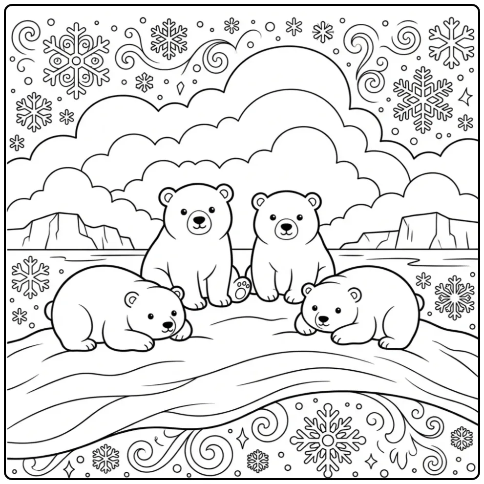 Schattige ijsberen kleurplaat op een sneeuwheuvel.