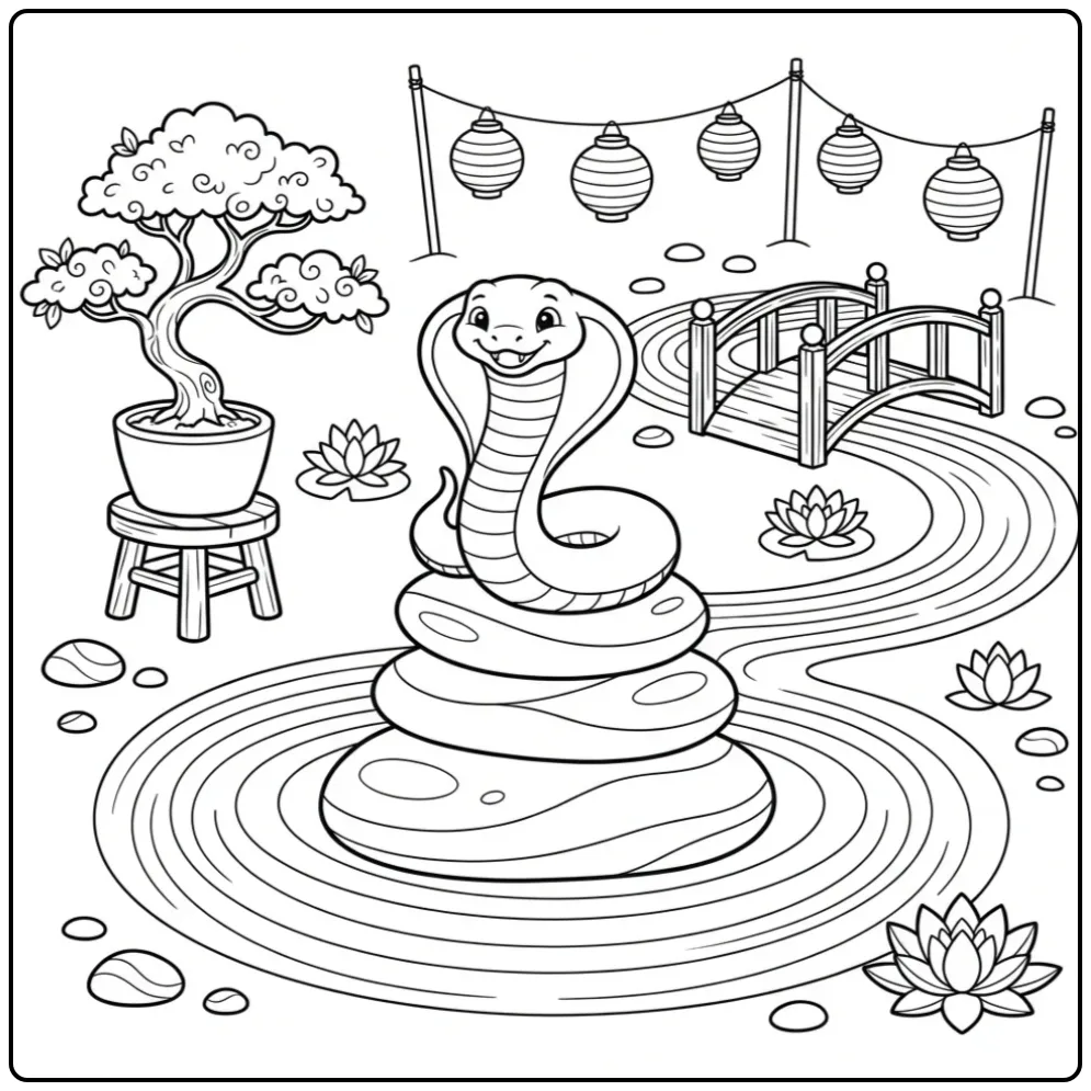 Schattige cobra kleurplaat op stenen in een zentuin.