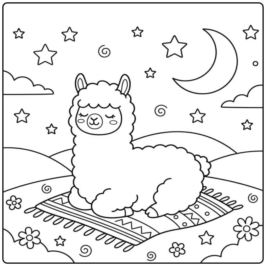 Schattige kleurplaat alpaca onder de sterrenhemel en maan