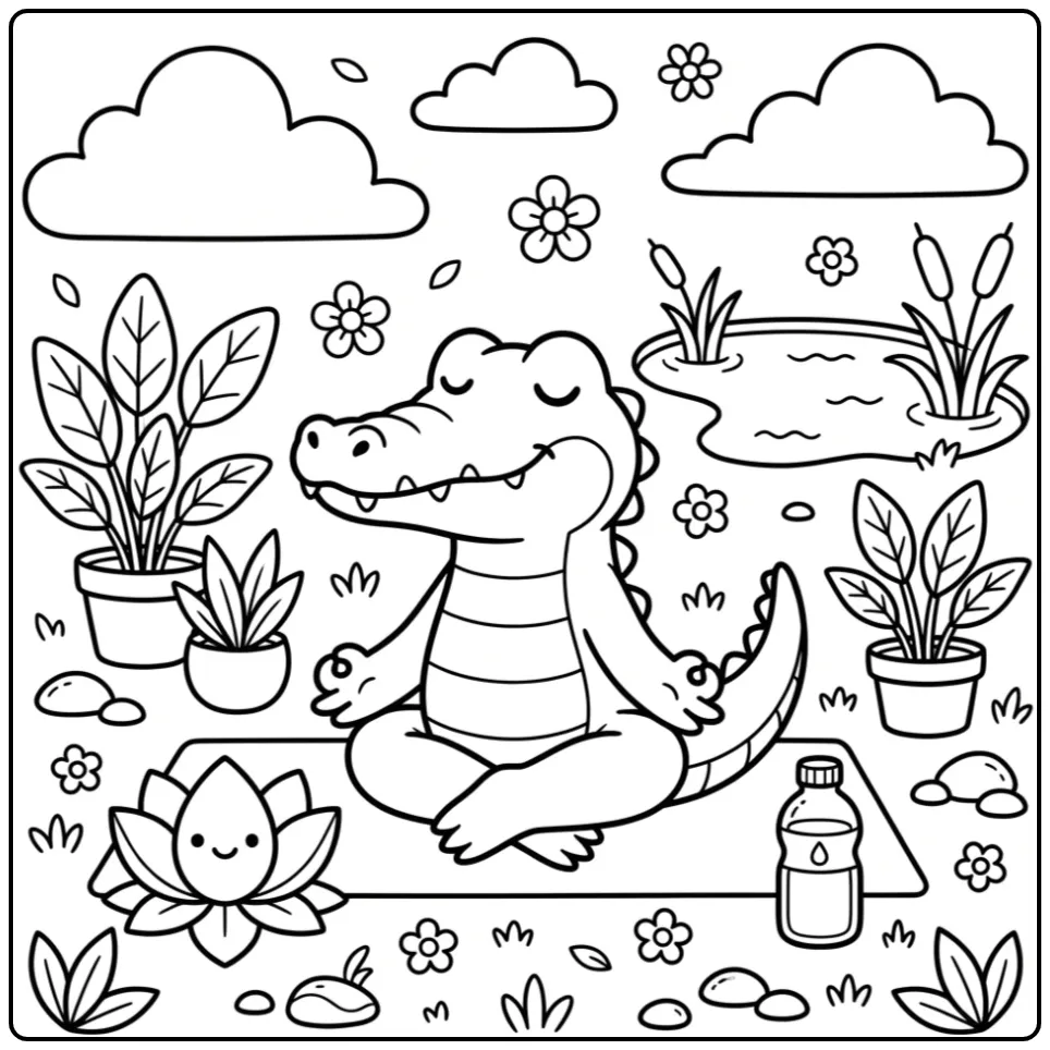 Schattige kleurplaat krokodil in yogahouding bij een vijver.