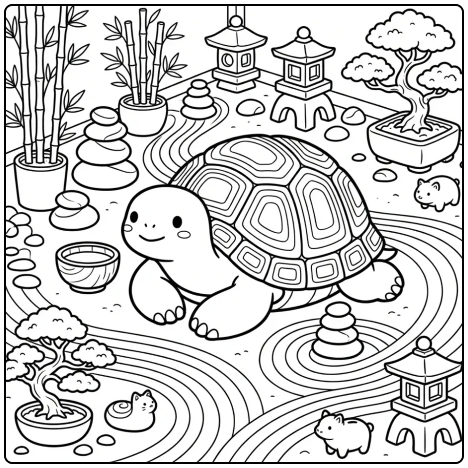 Zen kleurplaat volwassenen schildpad in rotstuin met bamboe