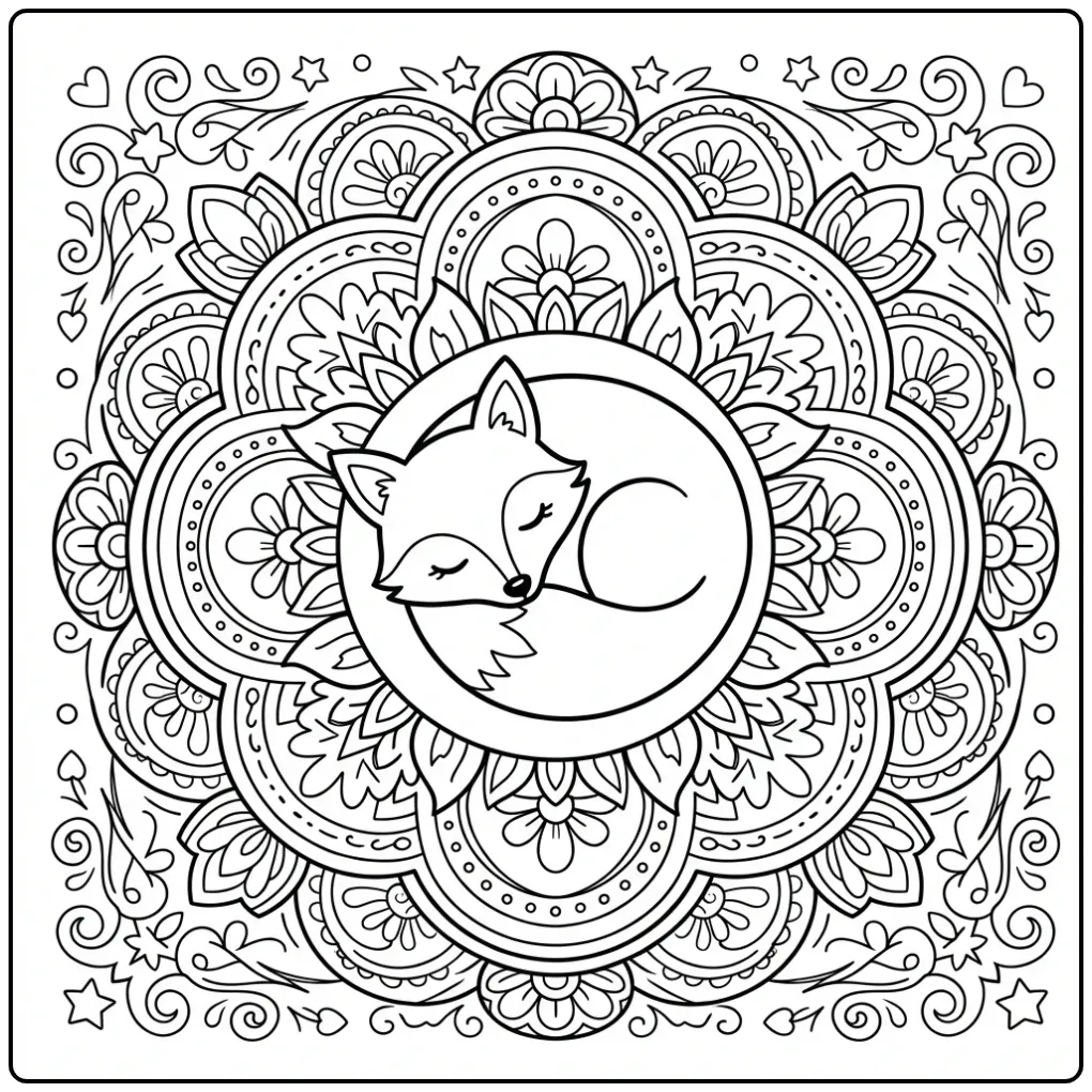 Een schattige slapende kleurplaat vos mandala.