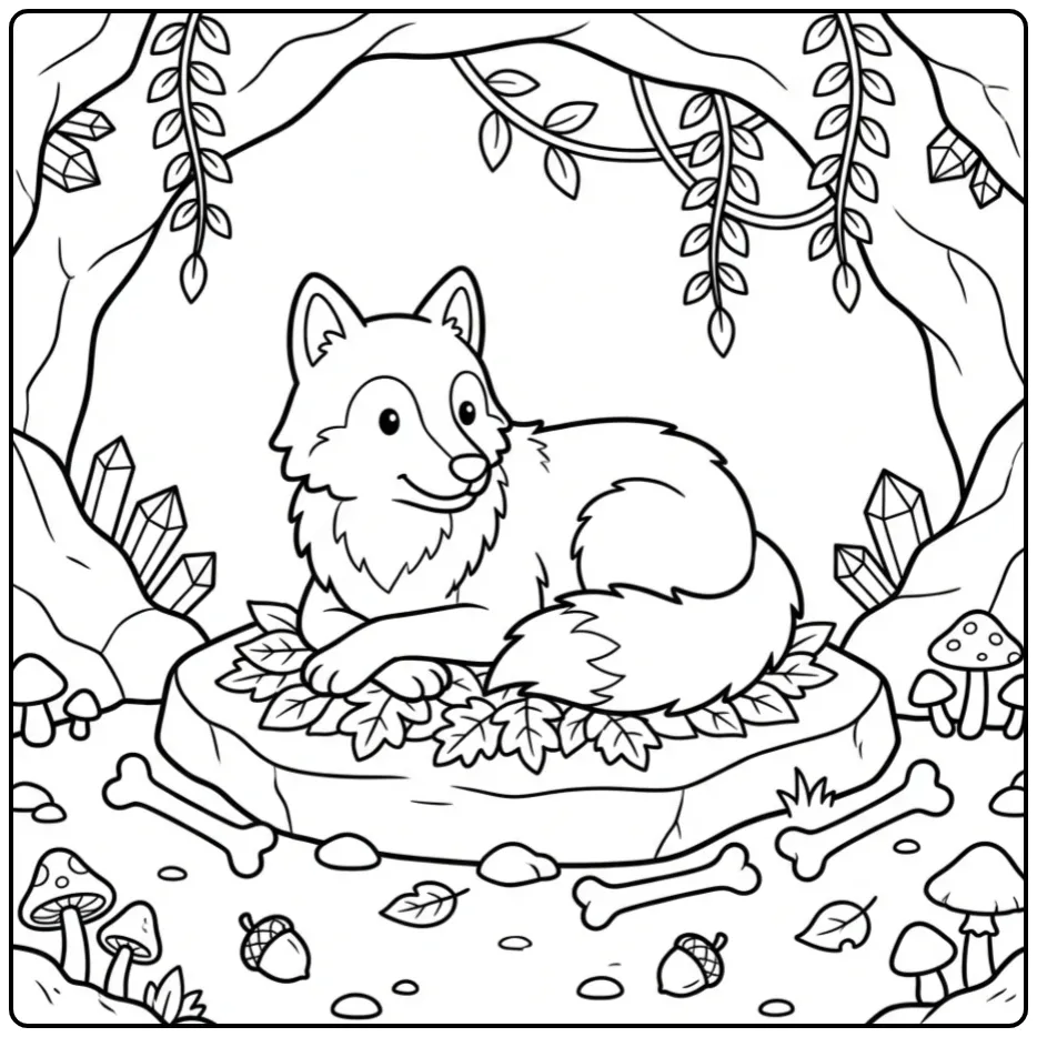 Een schattige kleurplaat wolf rustend in een gezellige grot.