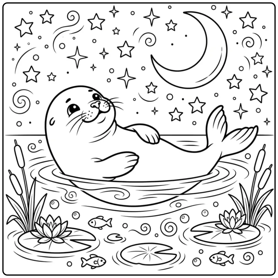 Dromerige zeehond kleurplaat drijvend onder de maan.