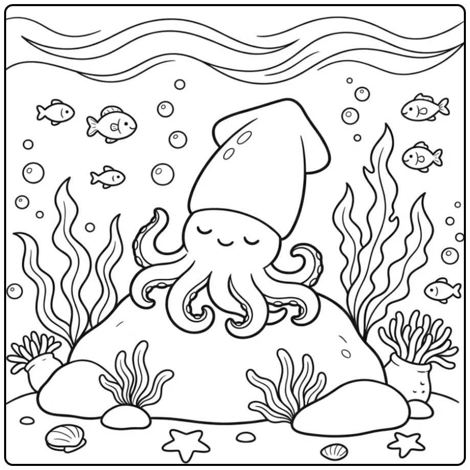 Schattige inktvis kleurplaat rustend op de zeebodem