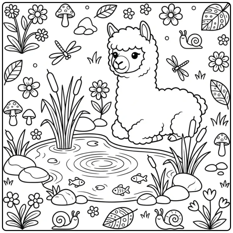 Een schattige kleurplaat alpaca zittend bij een vijver.