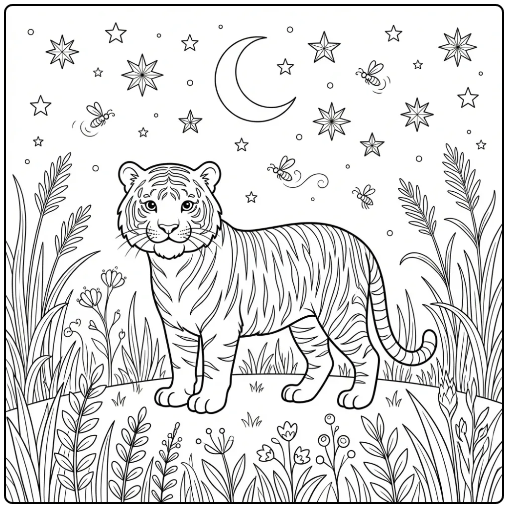 Gedetailleerde kleurplaat tijger volwassenen bij maanlicht.
