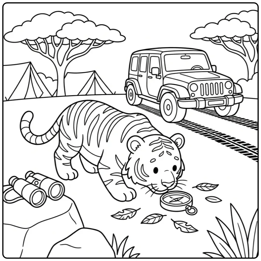 Avontuurlijke kleurplaat tijger op safari met een stoere jeep