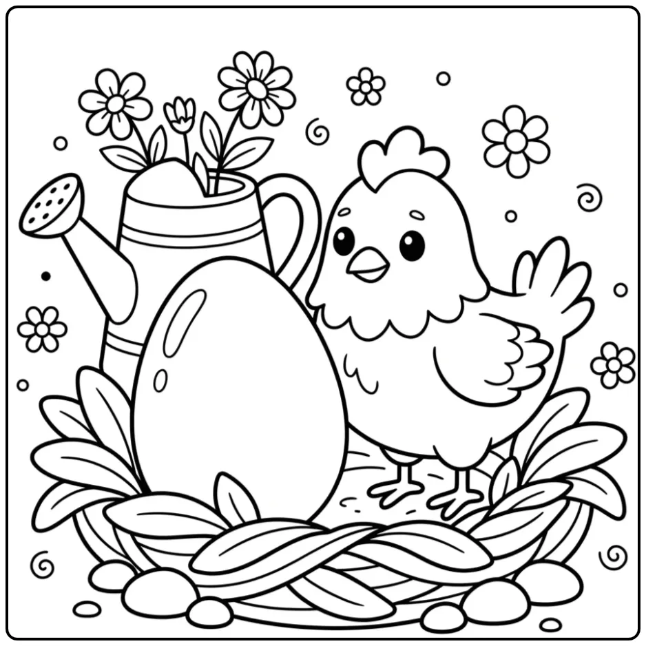 Leuke kuiken kleurplaat peuters in een nest met een gieter.