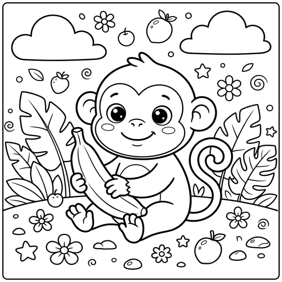 Print deze leuke aap kleurplaat makkelijk voor kinderen