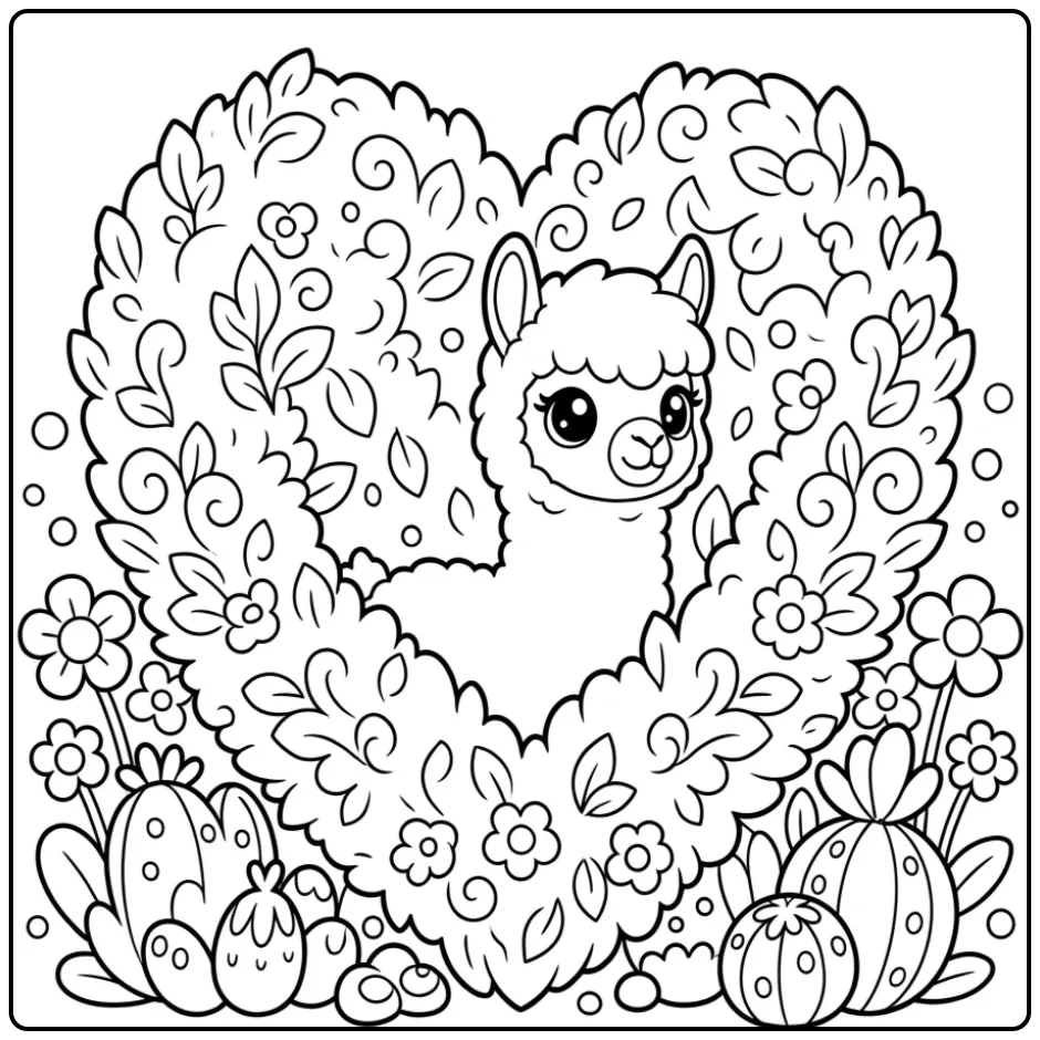 Een schattige alpaca kleurplaat met een hartjesstruik.