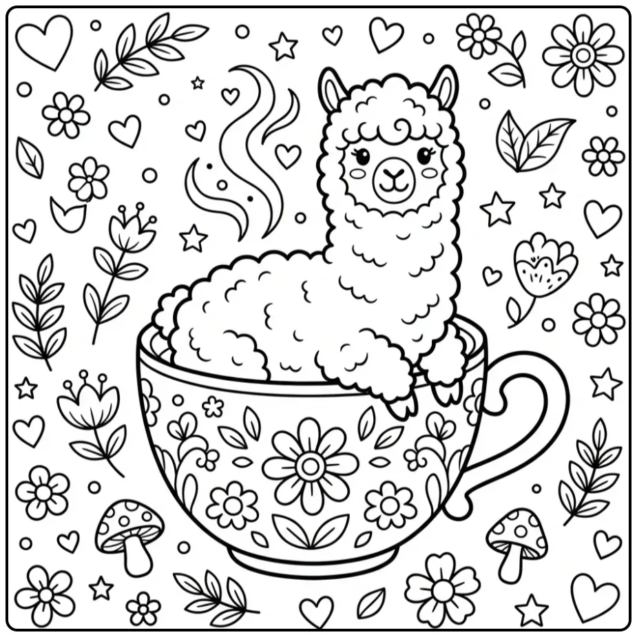 Een schattige alpaca kleurplaat van een alpaca in een theekopje.