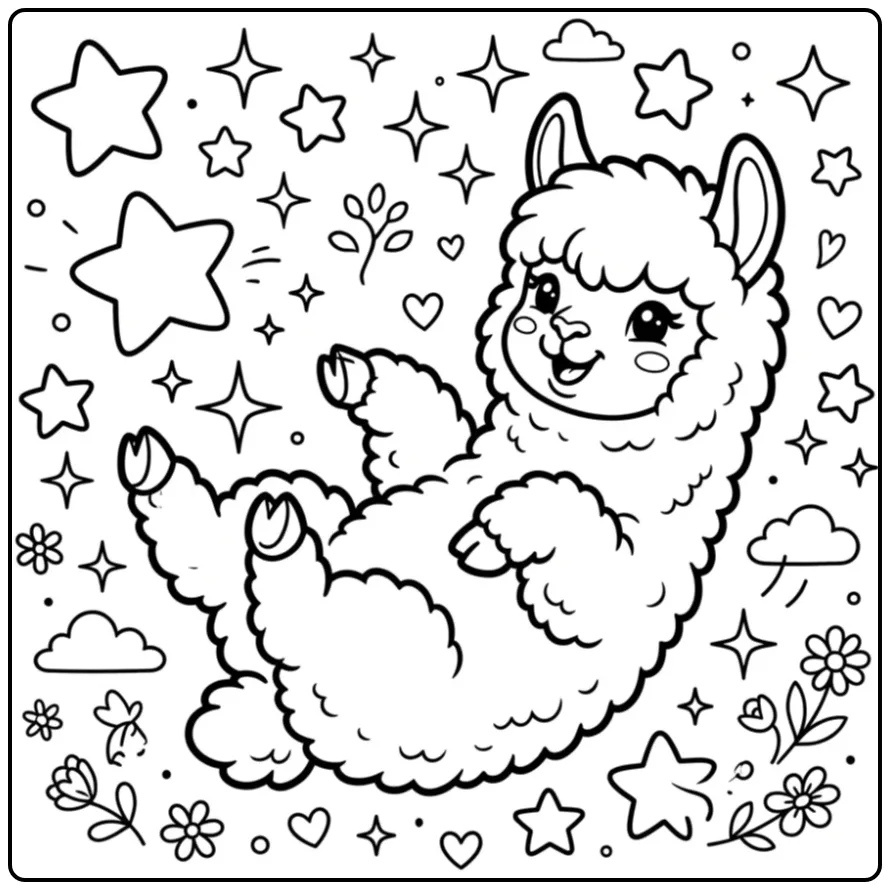 Een speelse schattige alpaca kleurplaat liggend op de rug.