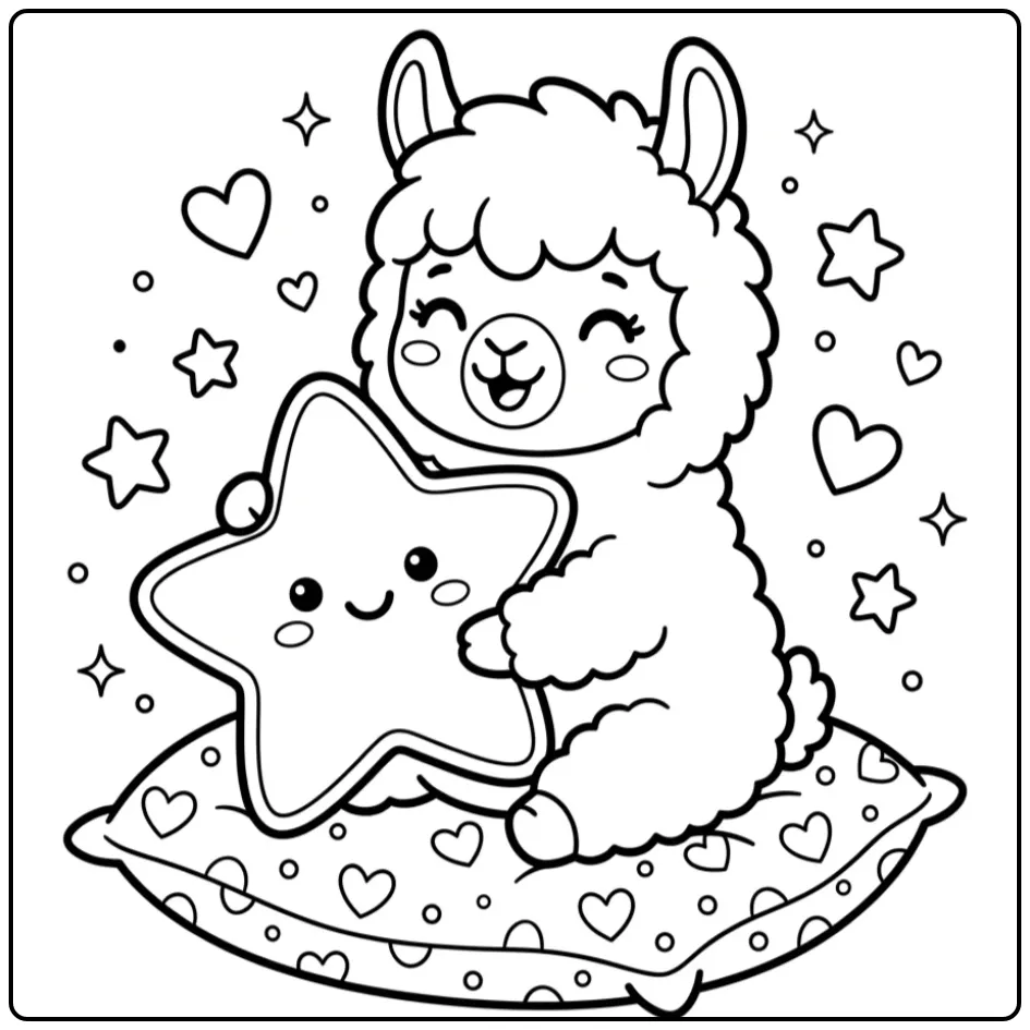 Een schattige alpaca kleurplaat knuffelend met een ster.