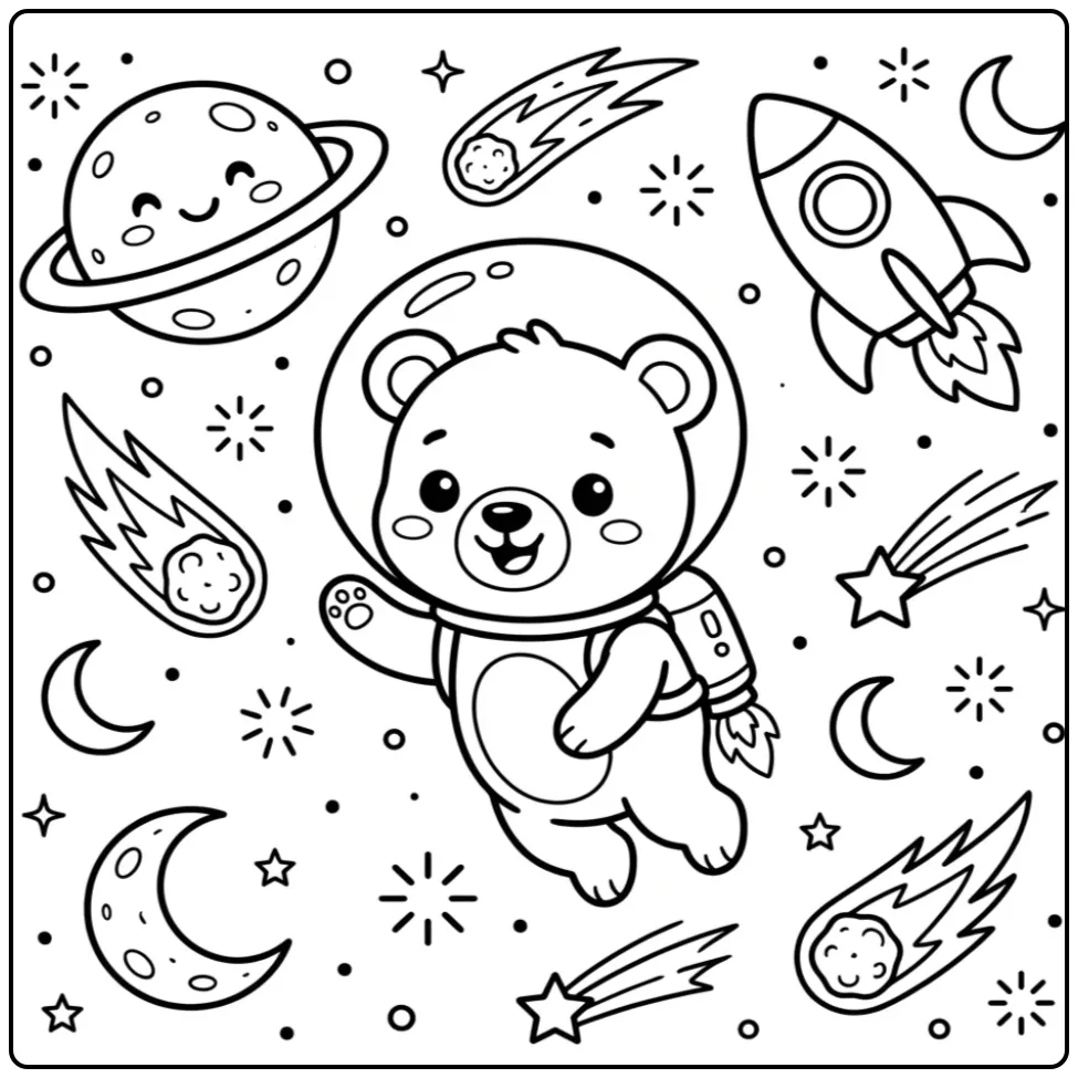 Kleurplaat beertje als astronaut zwevend bij planeten.
