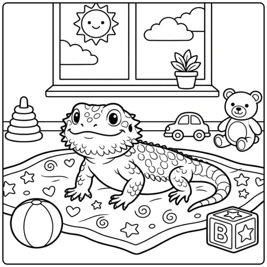 Baardagaam kleurplaat voor peuters met speelgoed en zon.