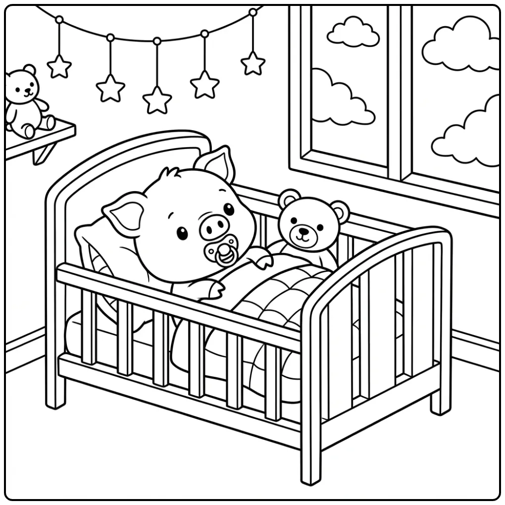 Lieve kleurplaat varkentje met speen in een zacht bedje.