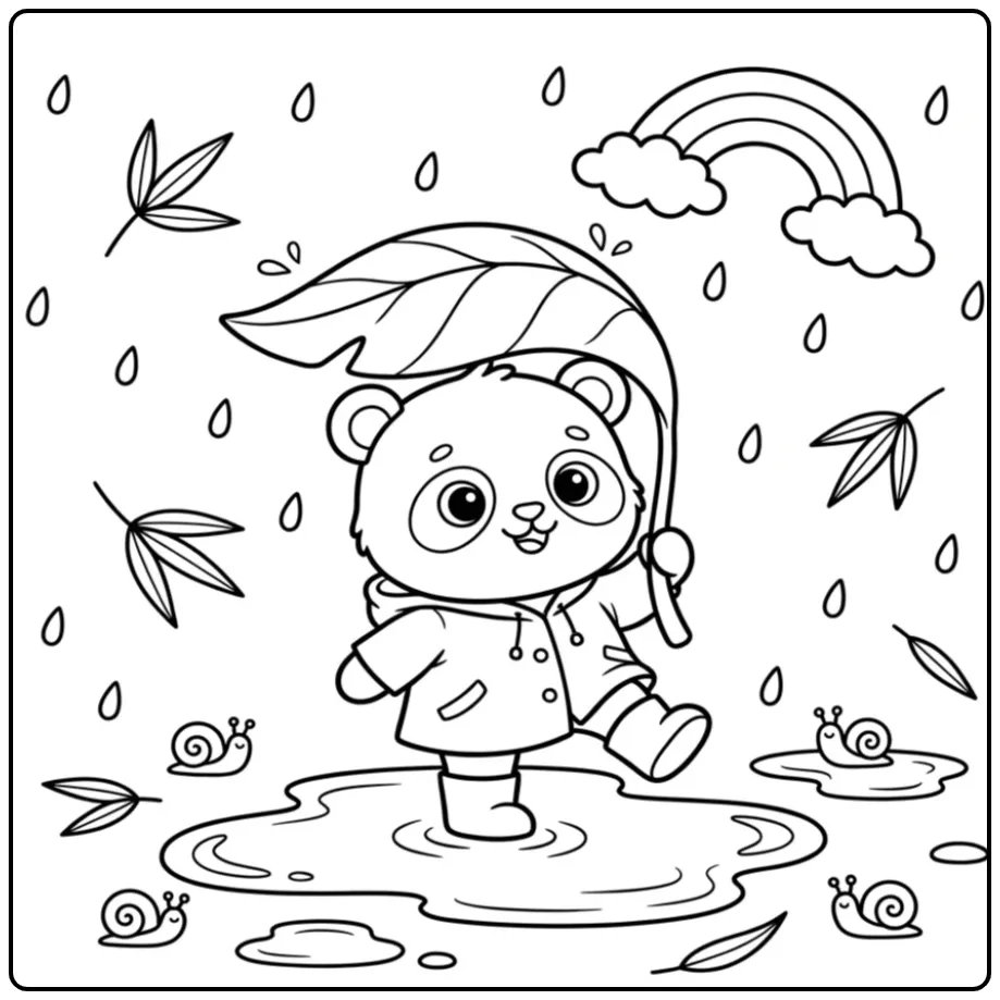 Leuke baby panda kleurplaat met een groot blad als paraplu.