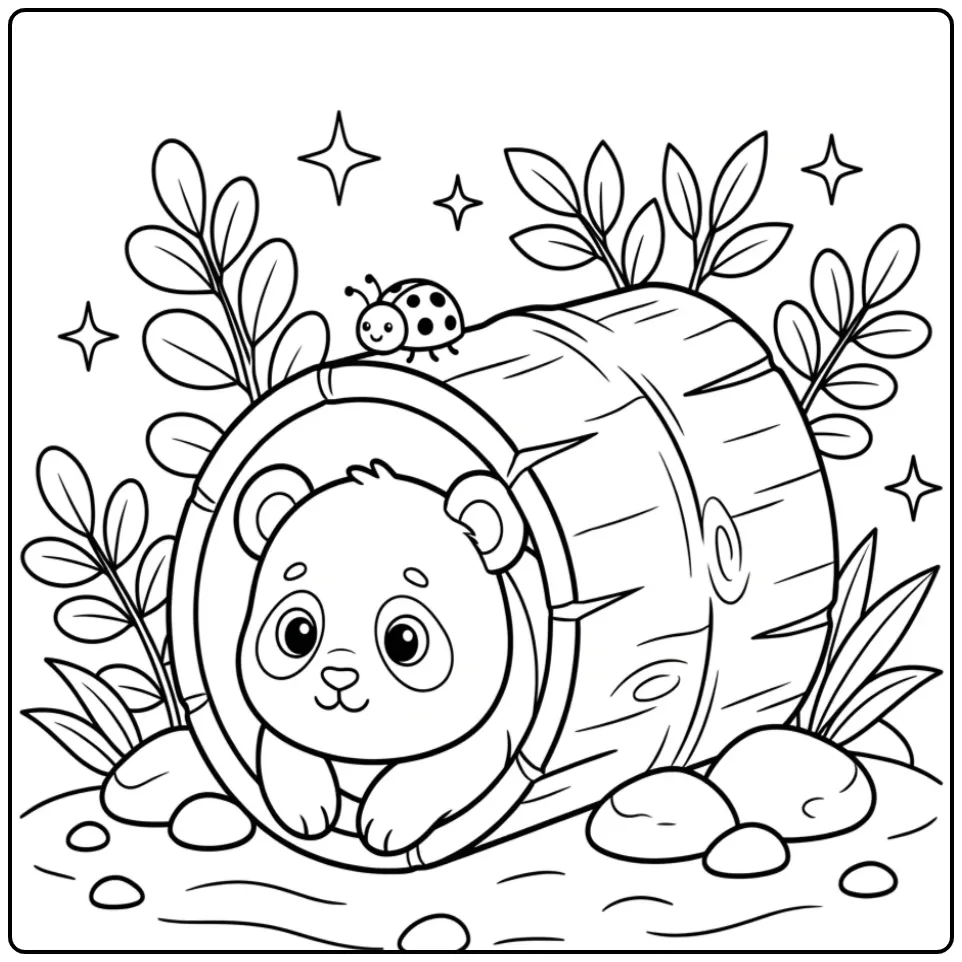 Baby panda kleurplaat die uit een holle bamboestam kijkt.