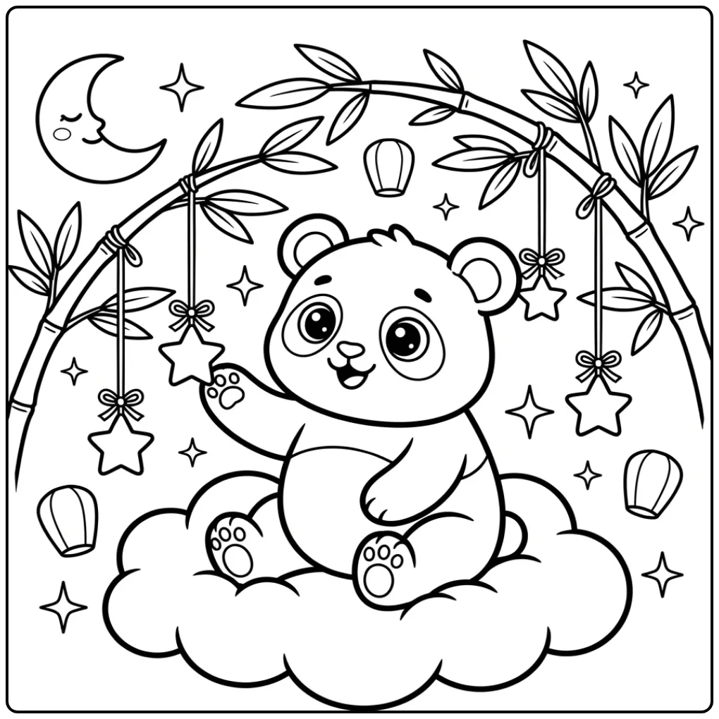 Magische baby panda kleurplaat op een zachte wolk met sterren.