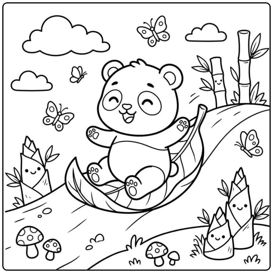 Vrolijke baby panda kleurplaat glijdend op een groot blad.