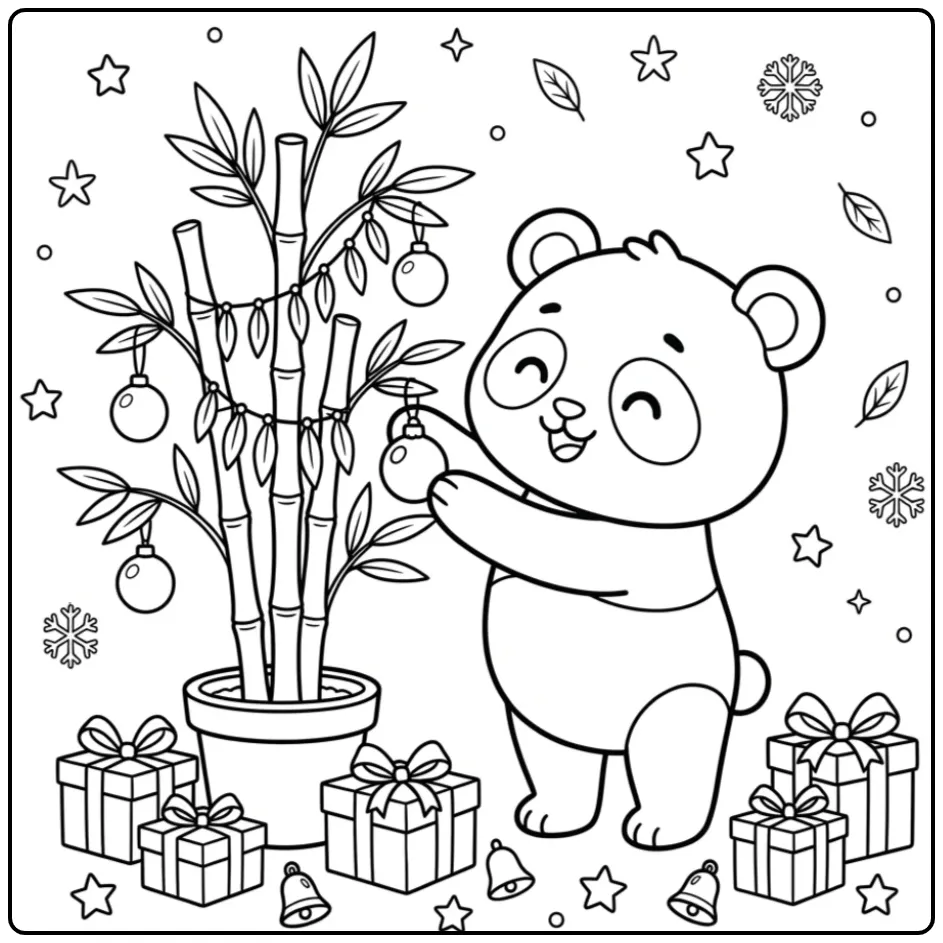 Feestelijke baby panda kleurplaat met bamboeboom en pakjes.