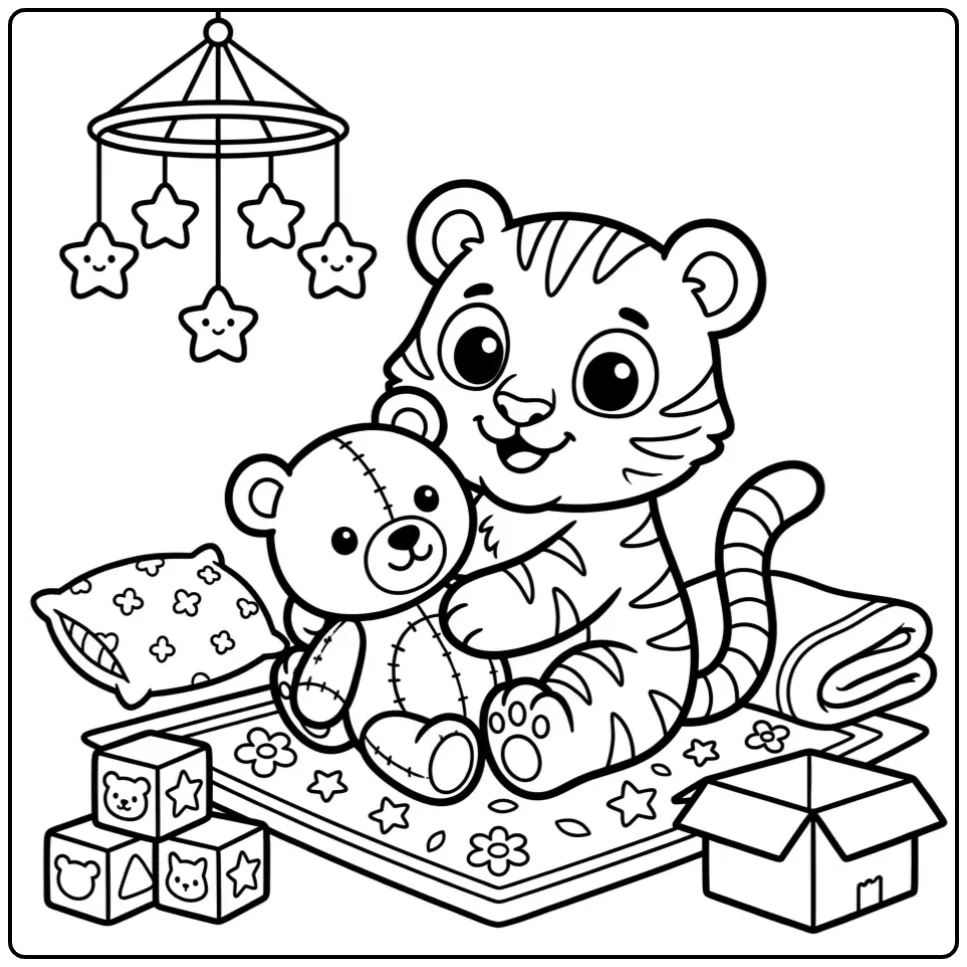 Lieve baby tijger kleurplaat knuffelend met een speelgoedje.