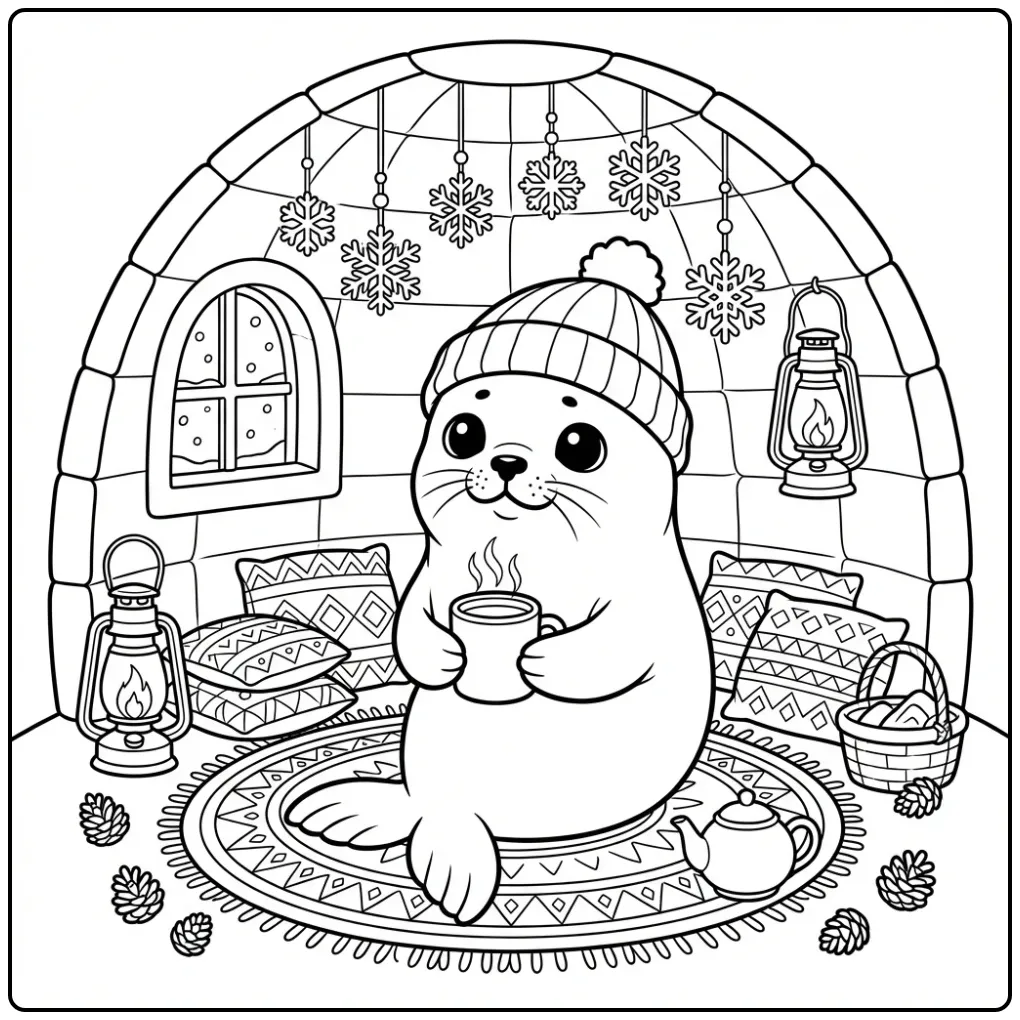 Knusse baby zeehond kleurplaat met warme chocolademelk.