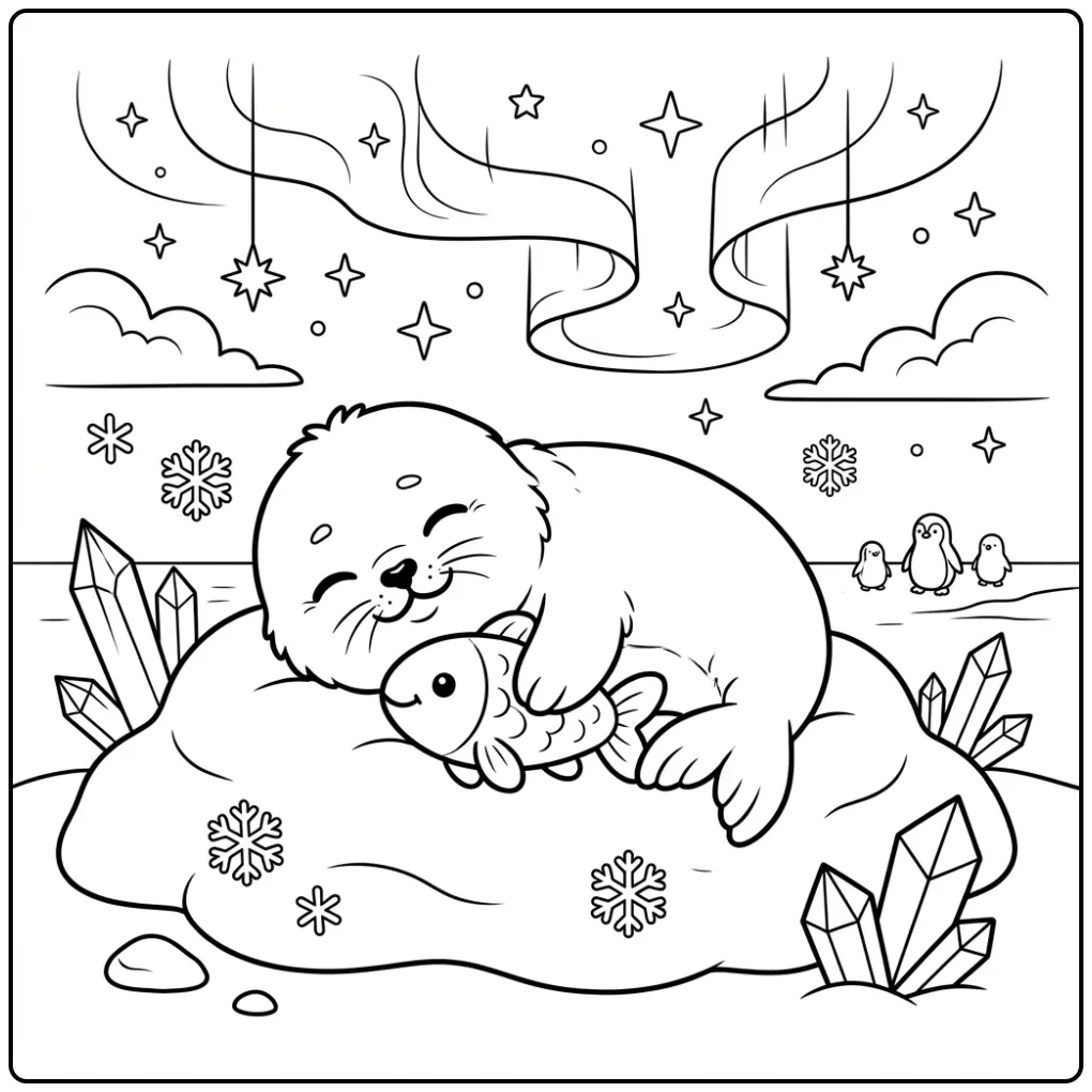 Slapende baby zeehond kleurplaat op een zachte sneeuwheuvel.