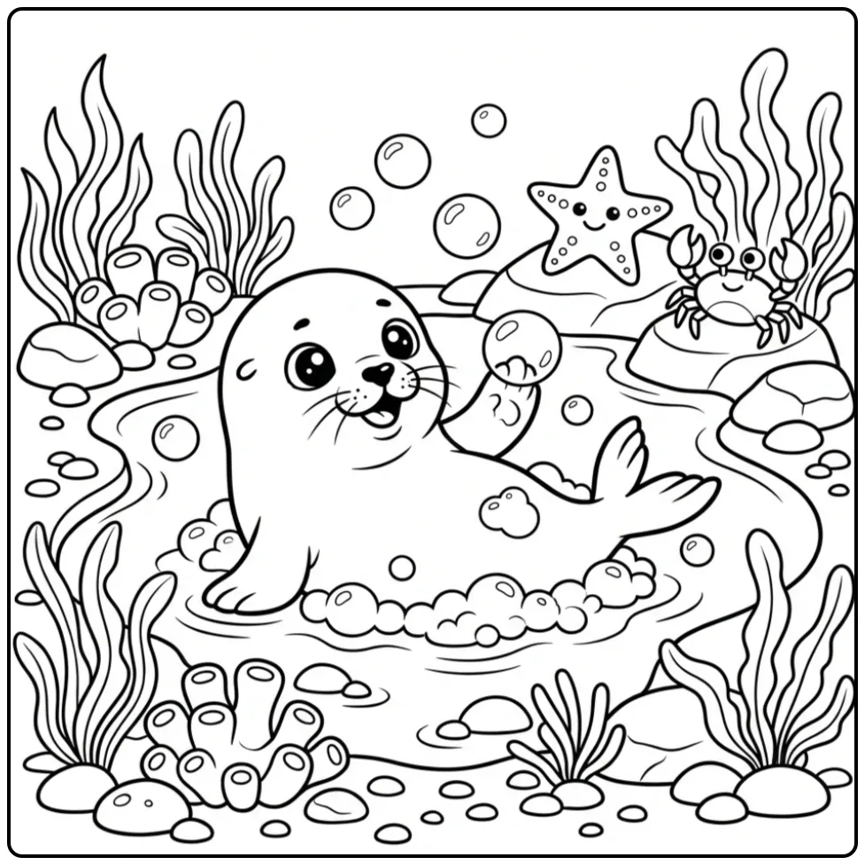 Spelende baby zeehond kleurplaat in een getijdenpoel.