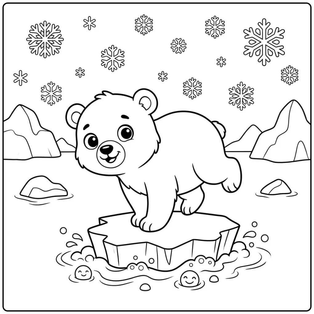Vrolijke baby ijsbeer kleurplaat op een ijsschots.