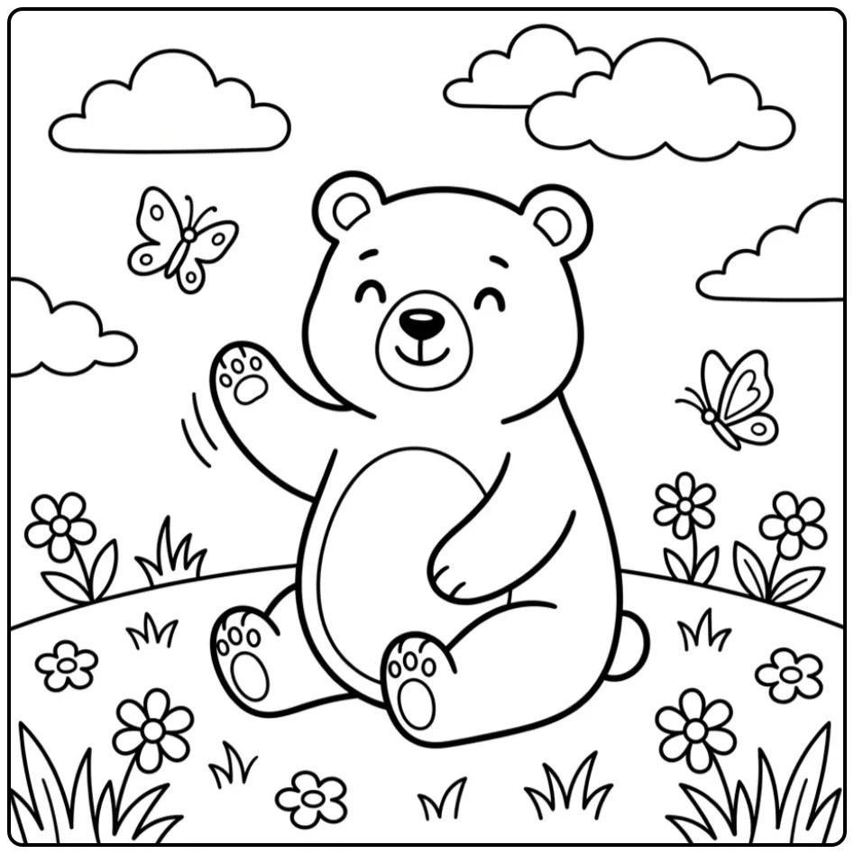 Vrolijke zwaaiende beer kleurplaat makkelijk voor kinderen.