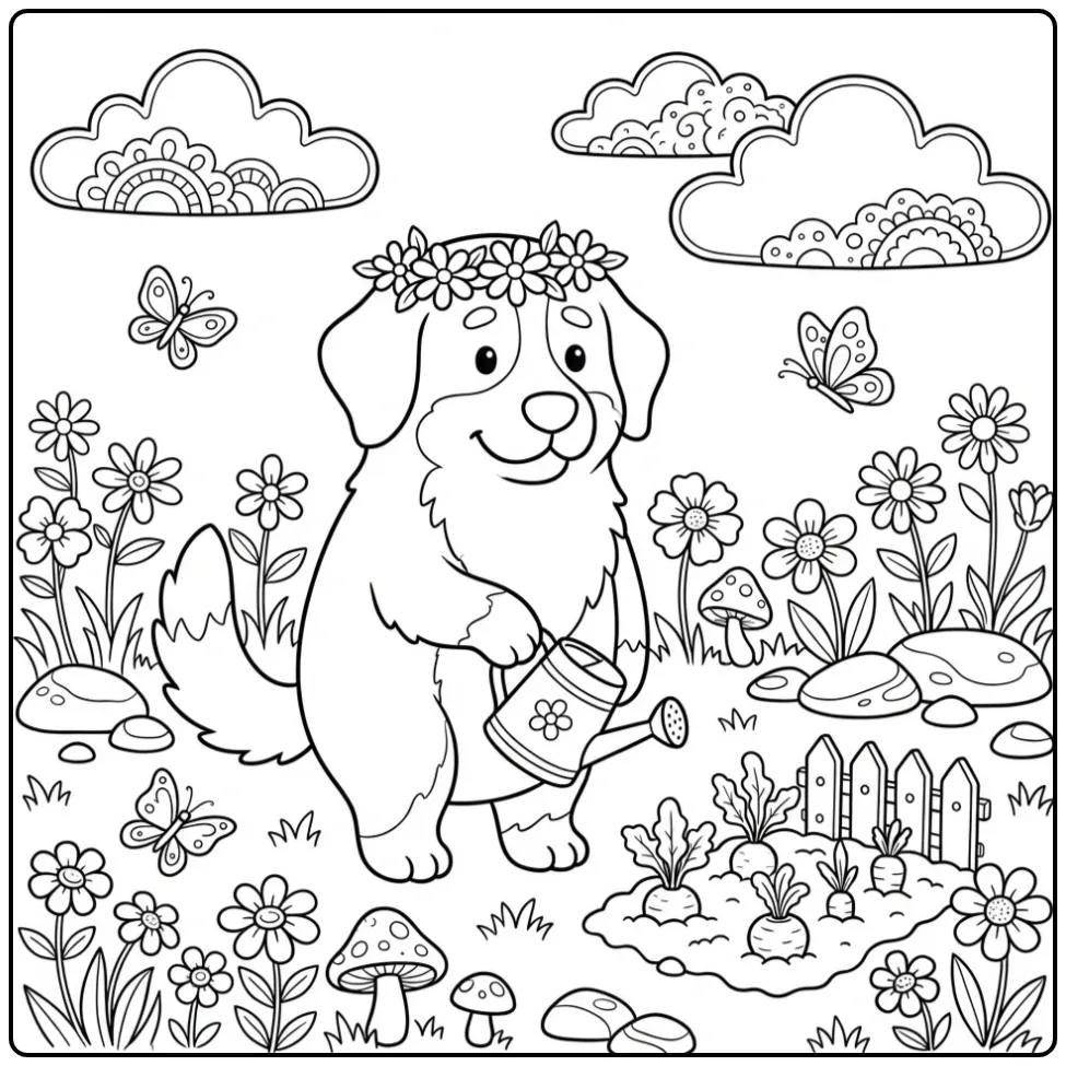 Berner sennen kleurplaat met bloemenkroon en gieter.