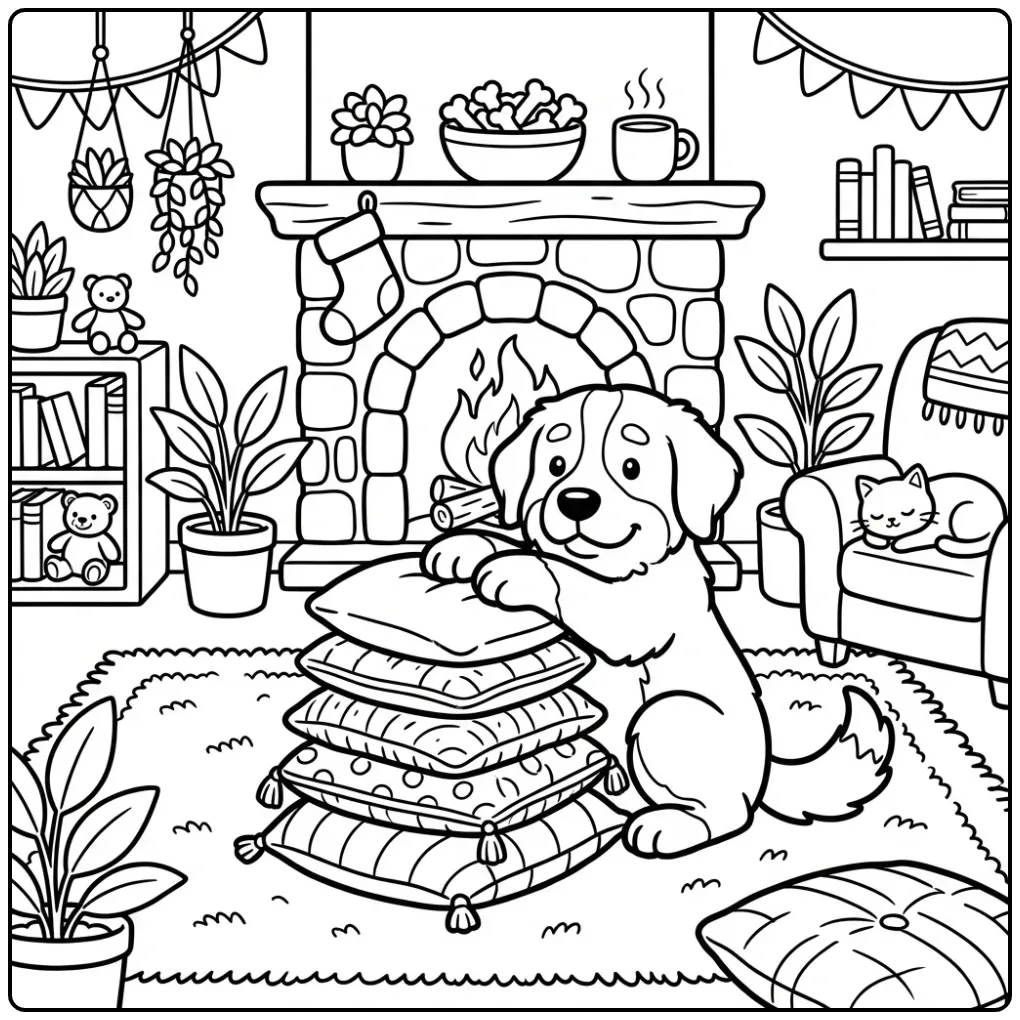 Gezellige berner sennen kleurplaat bij de open haard.