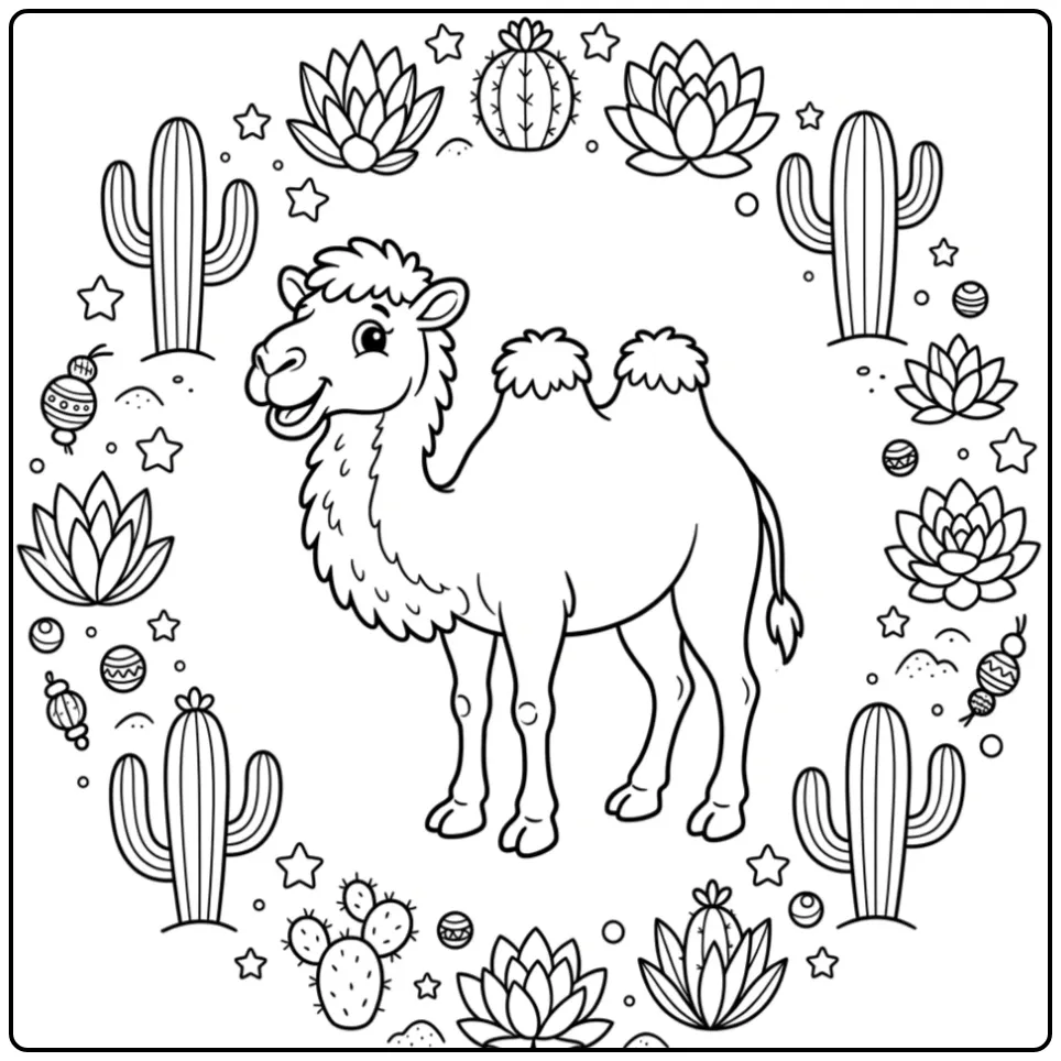 Vrolijke kameel kleurplaat met woestijn krans en cactussen