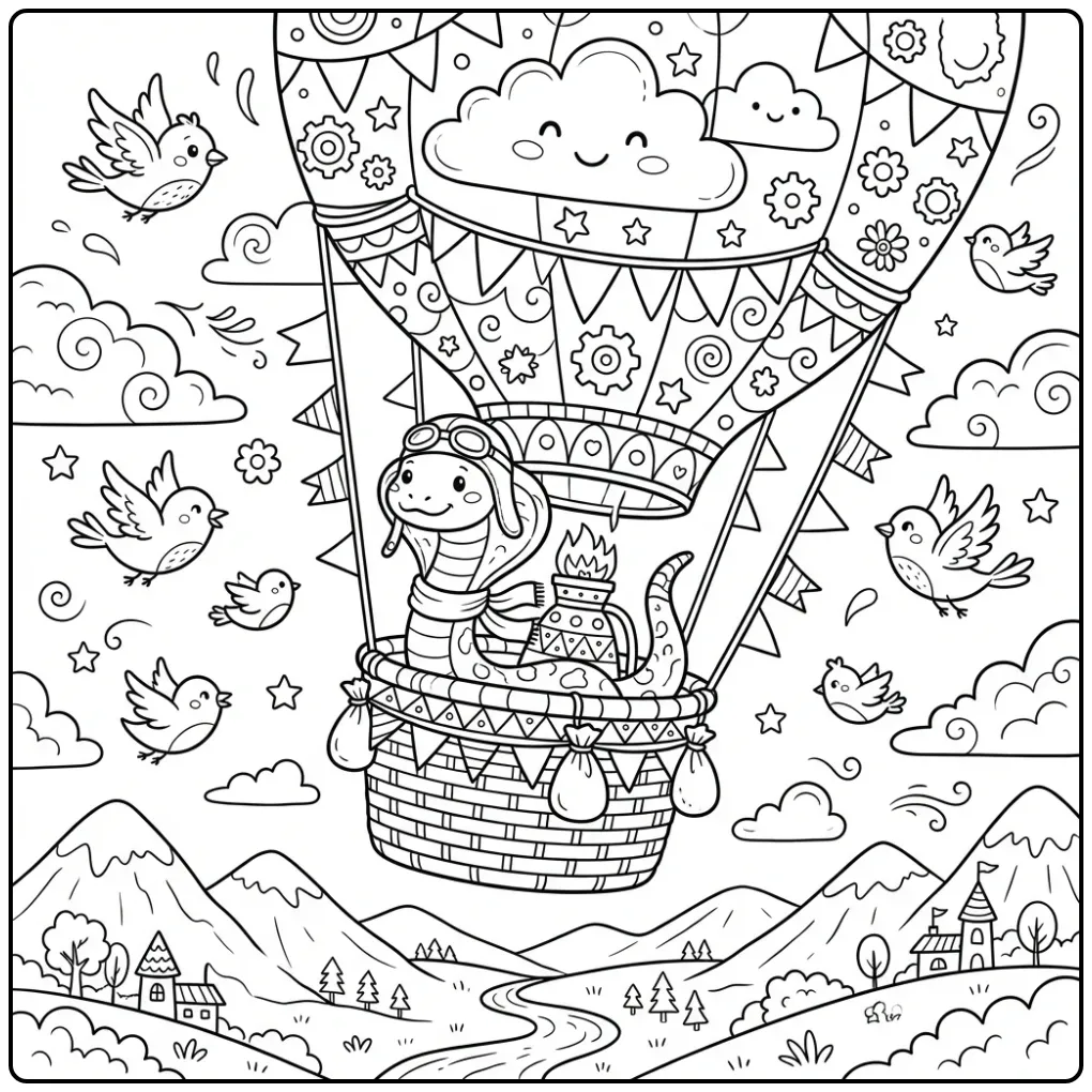 Vliegende cobra kleurplaat tussen de wolken.