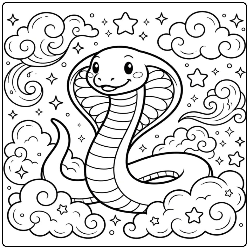 Een vrolijke cobra kleurplaat met sterren en wolken.
