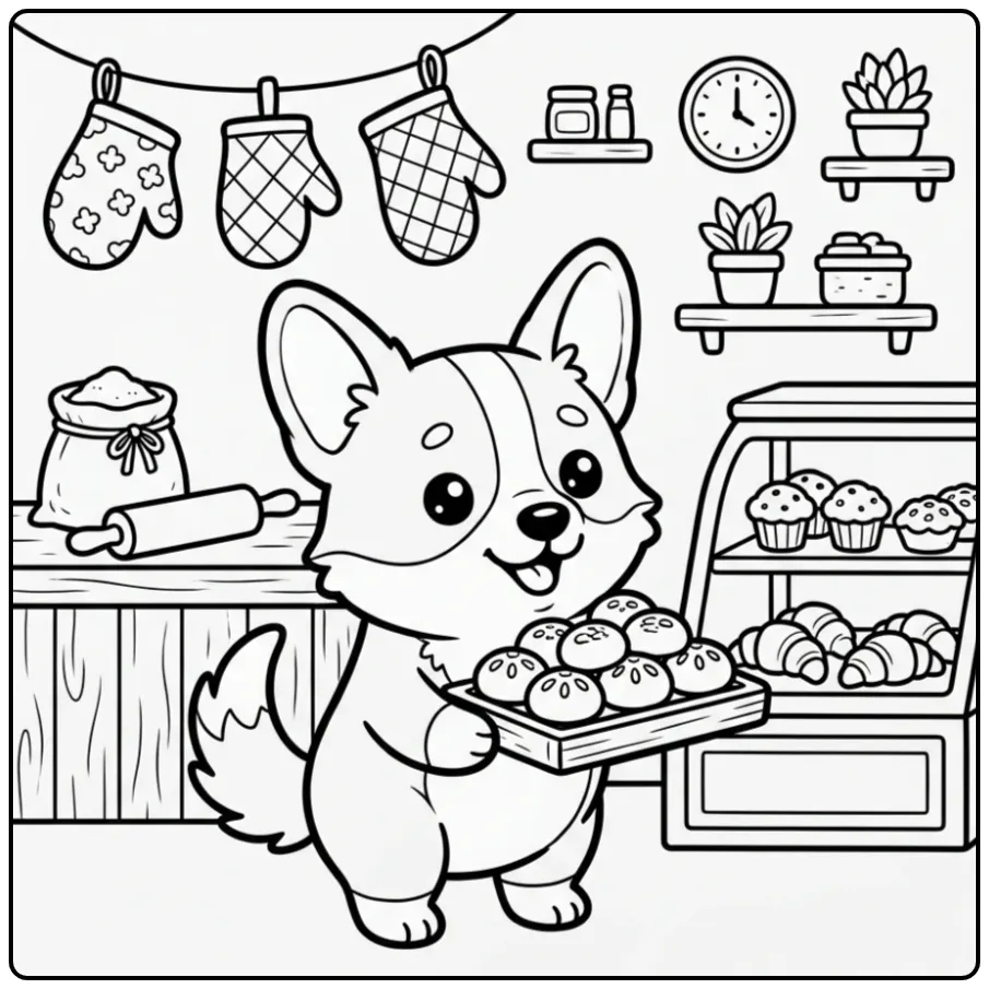 Leuke corgi kleurplaat met dienblad vol broodjes