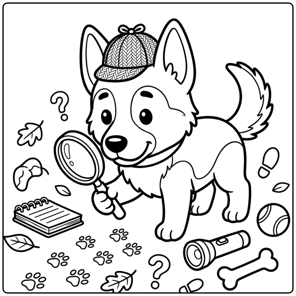Kleurplaat duitse herder pup met vergrootglas en hoed.