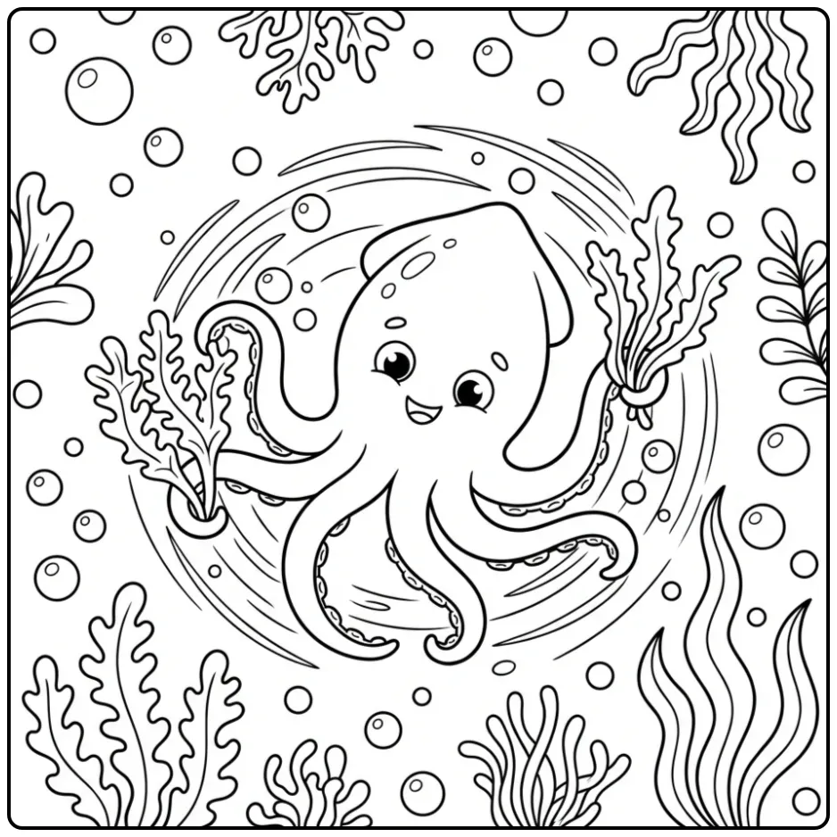 Een vrolijke inktvis kleurplaat met bubbels en planten.