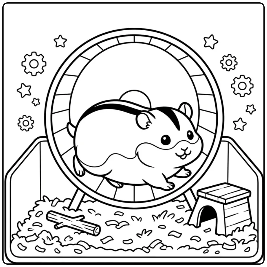 Rennende dwerghamster kleurplaat met sterretjes.