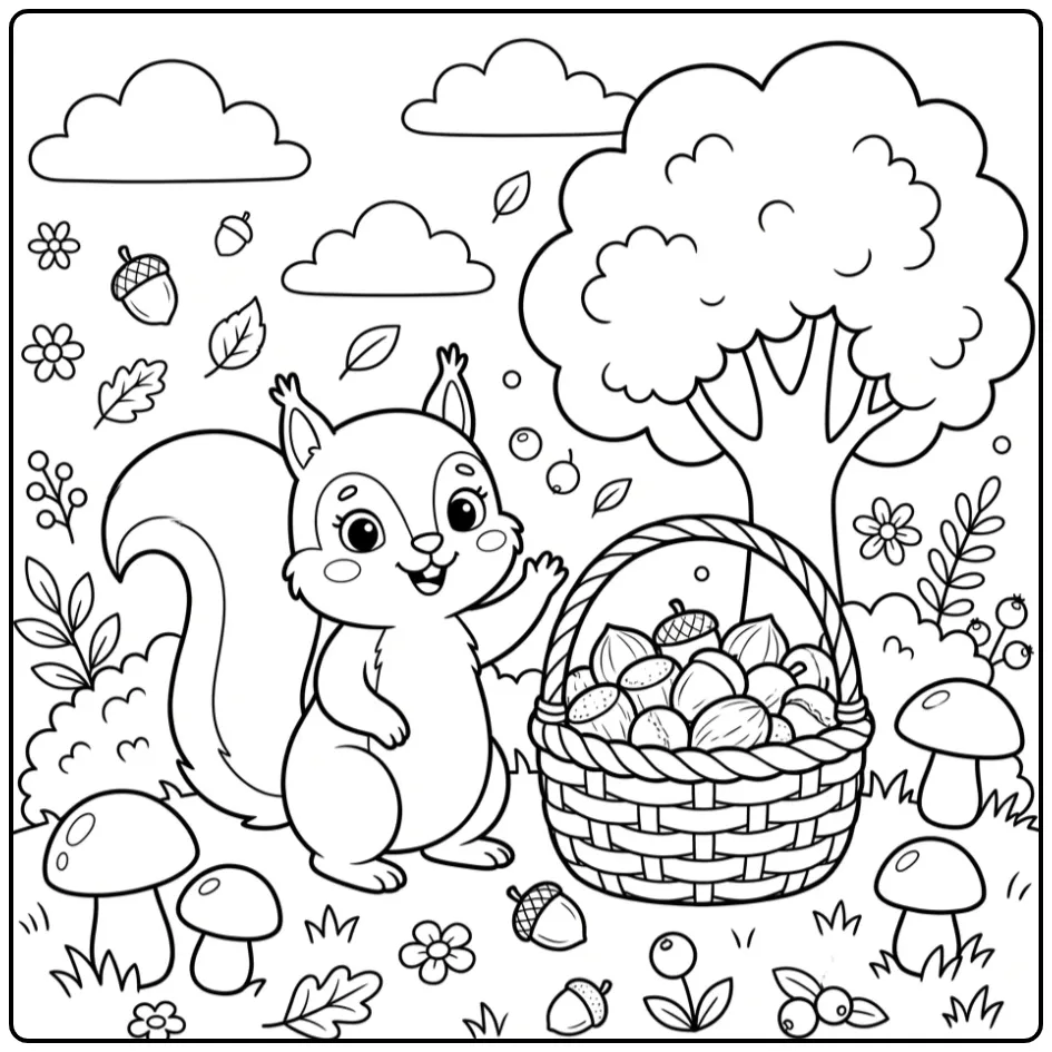 Vrolijke eekhoorn kleurplaat peuter met een mand vol noten.