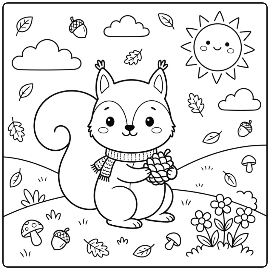 Leuke eekhoorn kleurplaat simpel met een dennenappel.