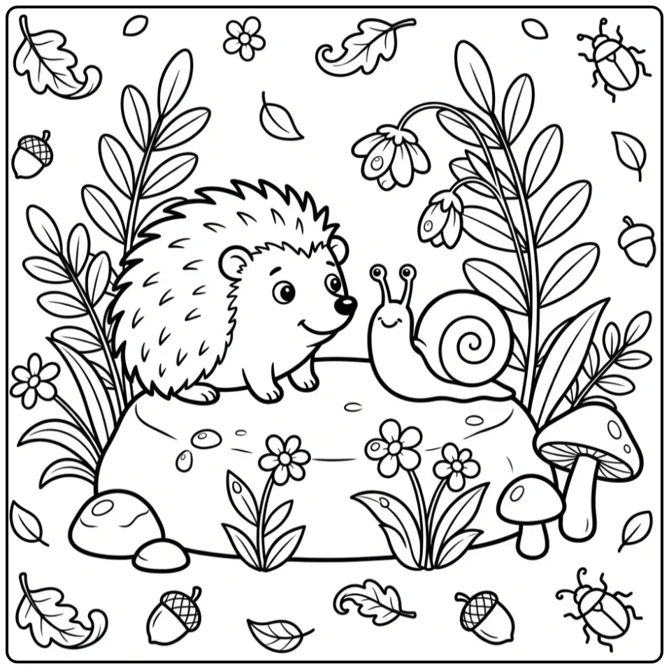 Egel kleurplaat ontmoet een slak tussen bloemen.