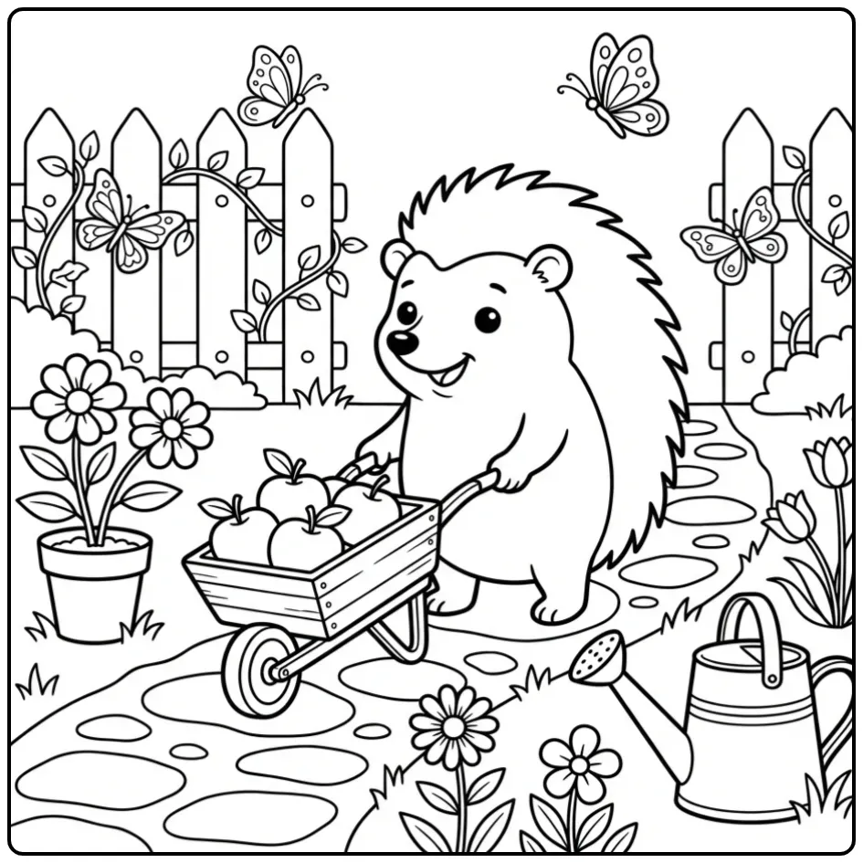 Vrolijke egel kleurplaat met kruiwagen in de tuin